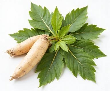 Radice di Ginseng siberiano e foglie, con un layout elegante.