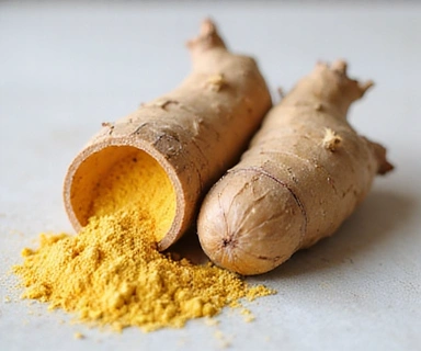 Radice di Maca peruviana fresca e in polvere, con un design pulito.