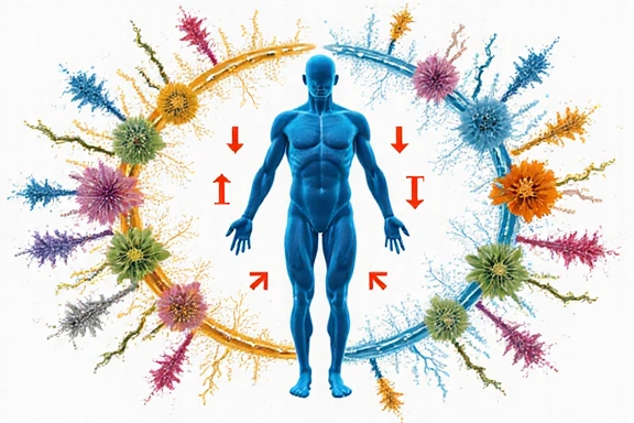 Schema scientifico astratto che mostra molecole e processi biologici legati all'energia e alla resistenza, con colori vivaci.