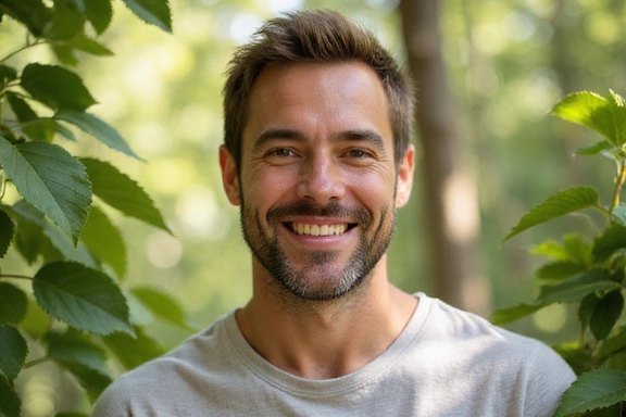 Uomo in salute che sorride mostrando energia e benessere, con elementi naturali sullo sfondo.