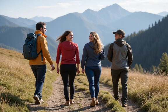 Gruppo di amici che fanno escursioni su un sentiero di montagna
