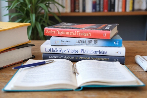Libri sulla crescita personale e un quaderno con una penna su una scrivania