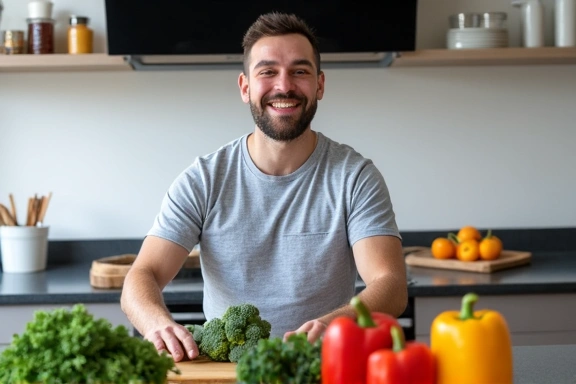 Uomo che prepara un pasto sano con verdure fresche