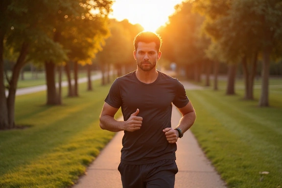 Uomo che corre all'aperto in un parco al tramonto
