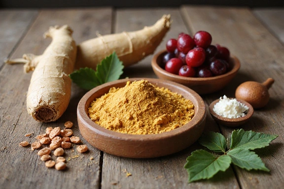 Vari ingredienti naturali come erbe, radici e frutti su un tavolo di legno