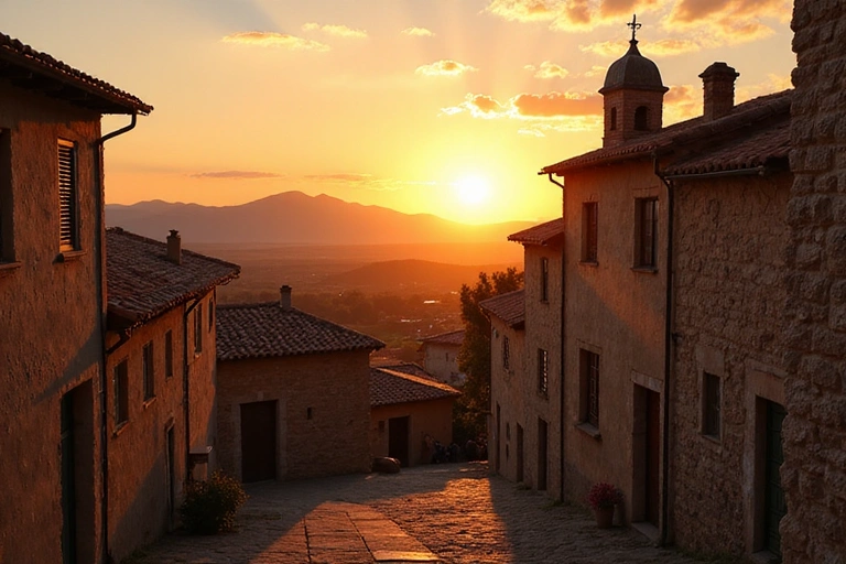 Antico villaggio siciliano al tramonto, che simboleggia le radici e la storia dell'azienda.