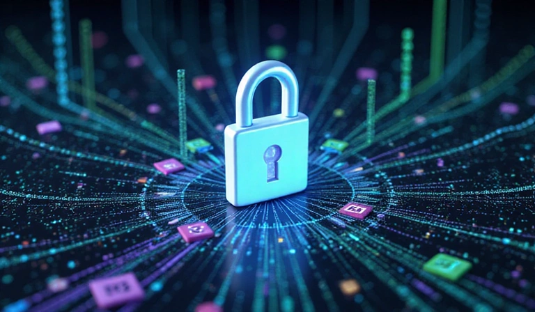 Rappresentazione visiva della protezione dei dati personali, con un lucchetto e icone di dati.