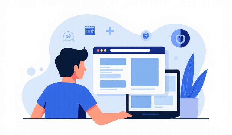 Illustrazione di una persona che naviga su un sito web, con icone che rappresentano dati e privacy