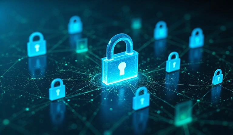 Immagine astratta che rappresenta la sicurezza dei dati, con lucchetti e scudi digitali