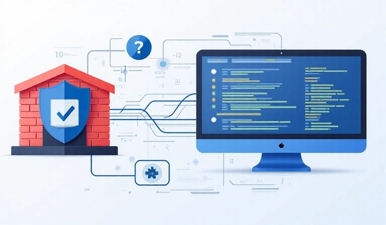 Rappresentazione grafica di un firewall e protezione dei dati, con dati che fluiscono in modo sicuro