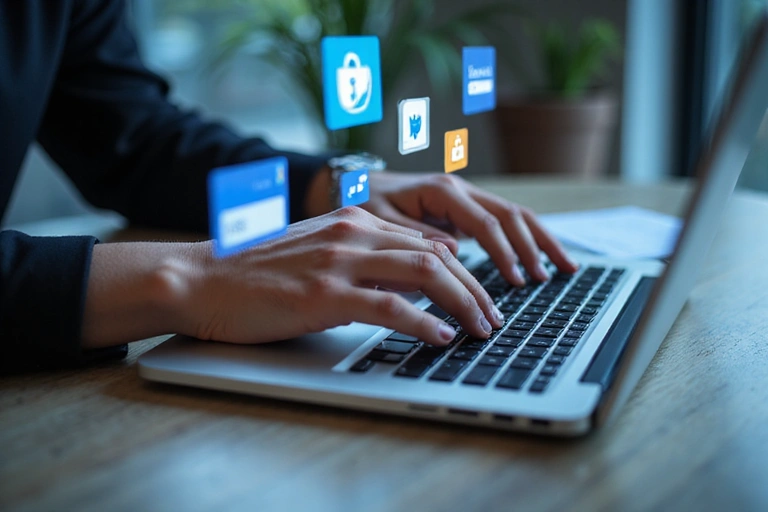 Mani che digitano su un laptop con icone di pagamento sicuro